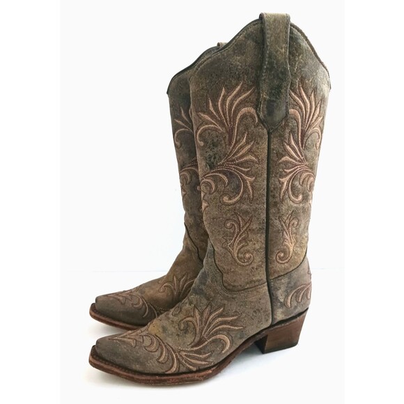Corral Circle G Embroidered Western Boot Brown Crackle Distressed Leather 6.5M - Picture 1 of 11